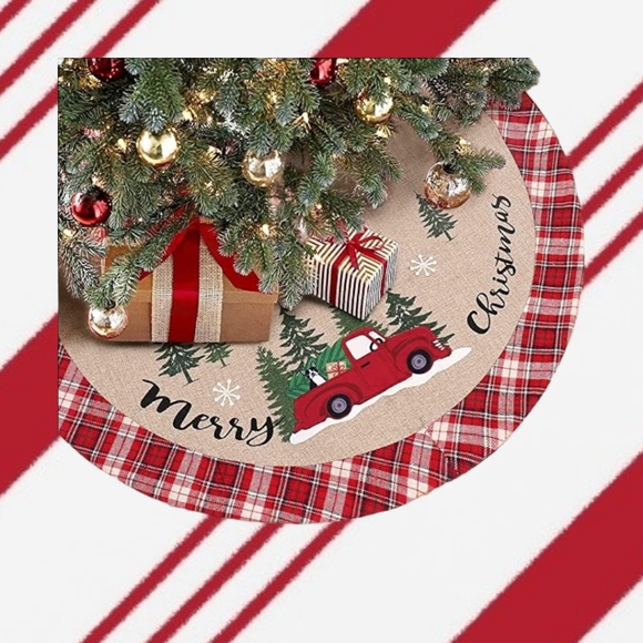 Christmas Tree Skirt, Burlap with Buffalo Check, Rustic Country Red Truck, 32" - Picture 4 of 5
